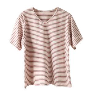 Coffee Striped Cotton Casual V-Neck Tee