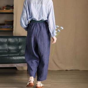 Vertical Striped Blue Yarn-Dyed Linen Cozy Pants