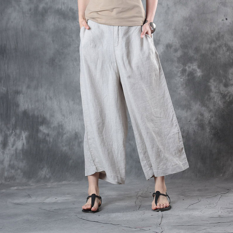 Casual Style Pinstriped Wide Leg Pants Womans Cotton Linen Baggy ...