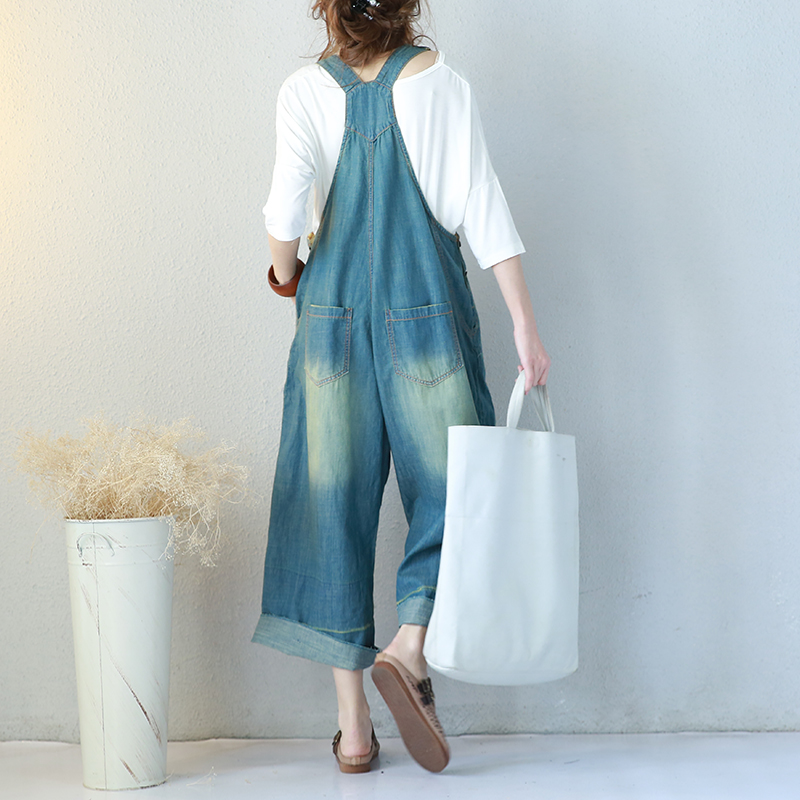 Chinese Folk Embroidered Overalls Denim Wide Leg Jumpsuits in Blue One ...