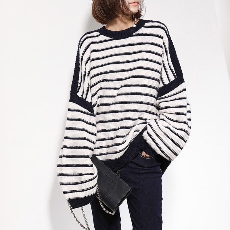 Street Style Striped Oversized Sweater  Bat Sleeve Woolen 