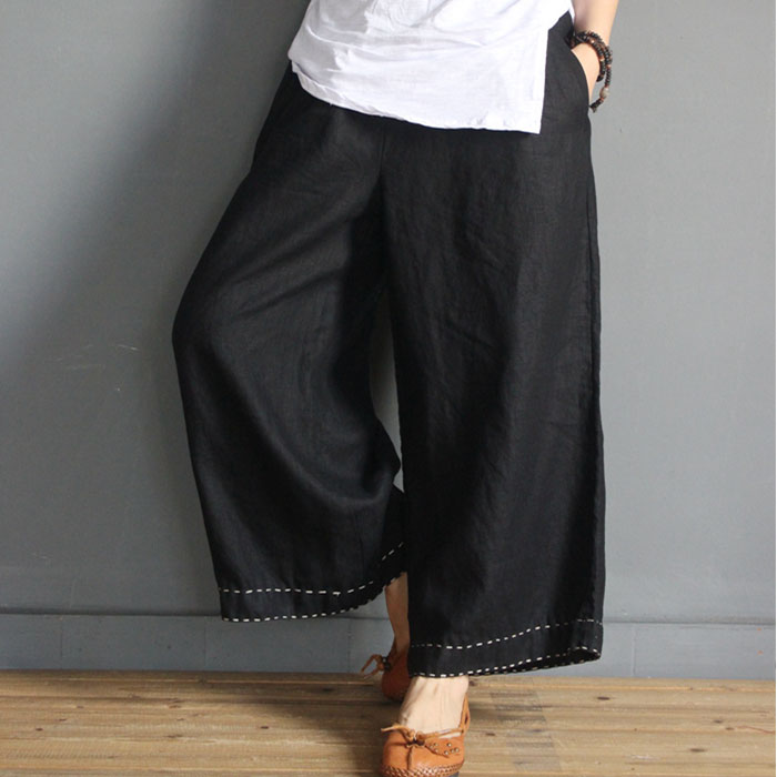 Hem Embroidered Plain Causal Pants Loose Cotton Line Slacks for Woman ...