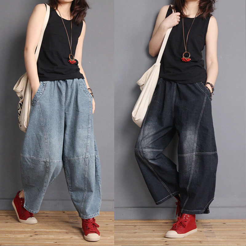 Color Fading Edge Slits Fashion Jeans Womans Cotton Baggy Jeans in Dark ...