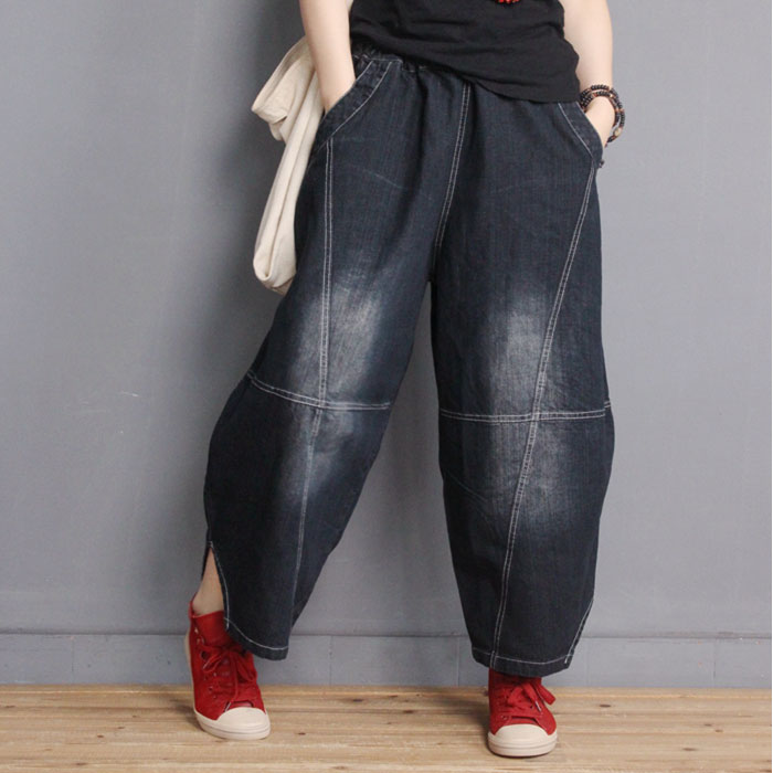 Color Fading Edge Slits Fashion Jeans Womans Cotton Baggy Jeans in Dark ...