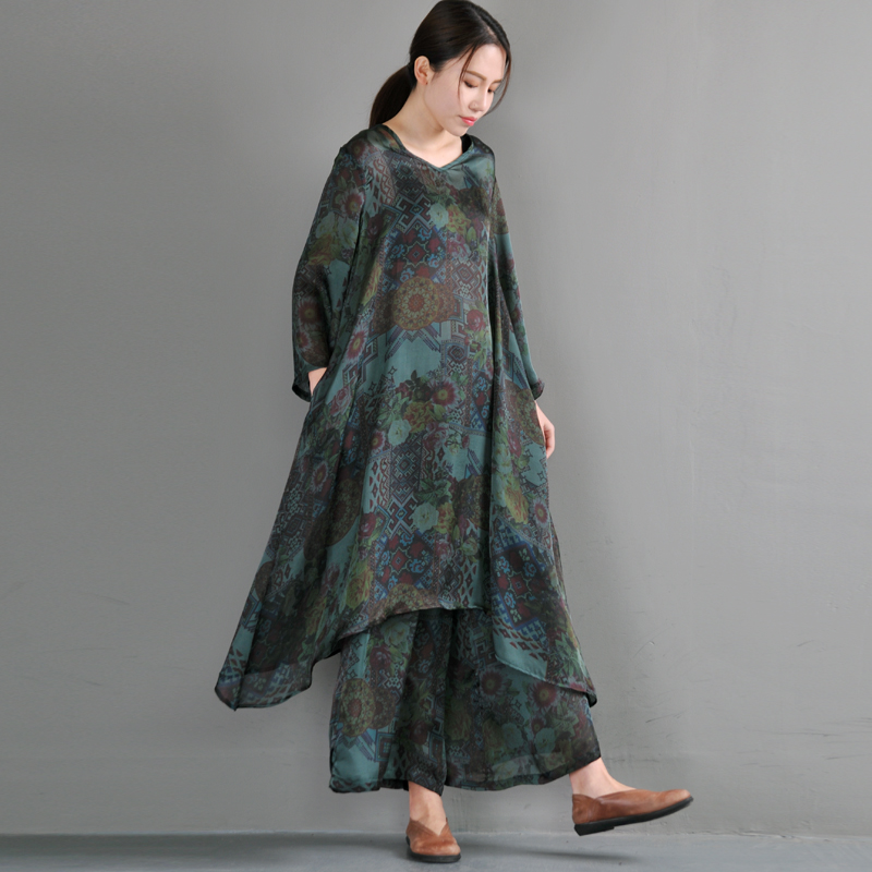 Vintage Folk Printing Silk Satin Tunic Dress with Green Wide Leg ...