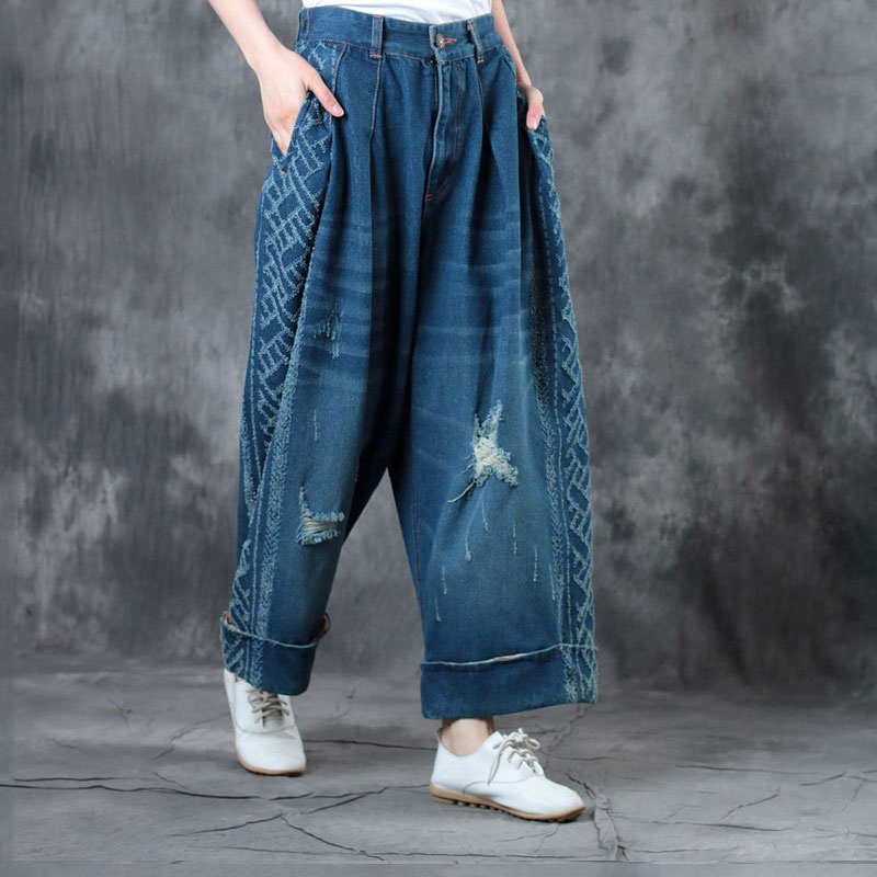 Retro Style Distressed Boyfriend Jeans Womans Wide Leg Jeans in Dark ...