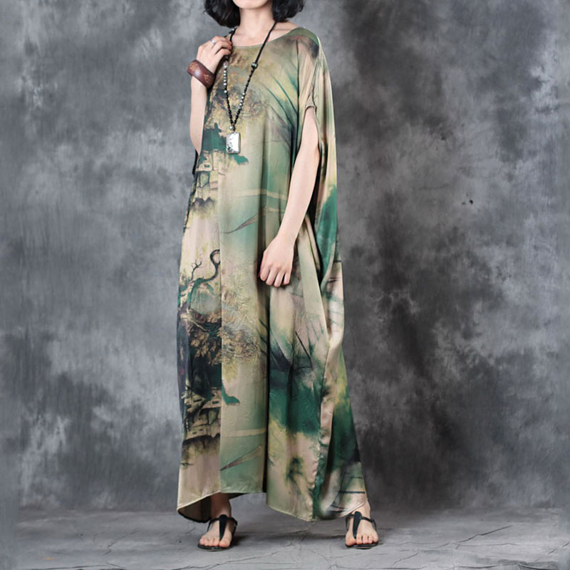 Over50 Style Loose Chinese Dress Landscape Summer Kaftan Dress in Green ...