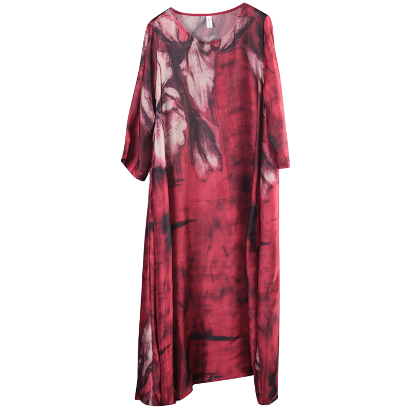 Beautiful Printing Silk Satin Red Dress Vintage Maxi Dress for Senior ...