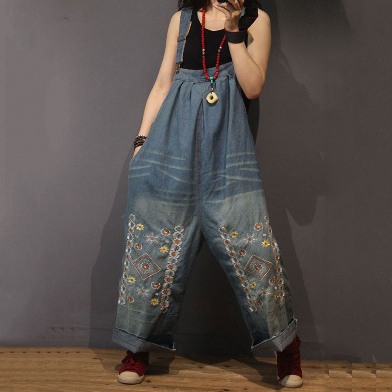 Soft Denim Floral Embroidered Jumpsuits Summer Wide Leg Jeans Jumpsuits ...