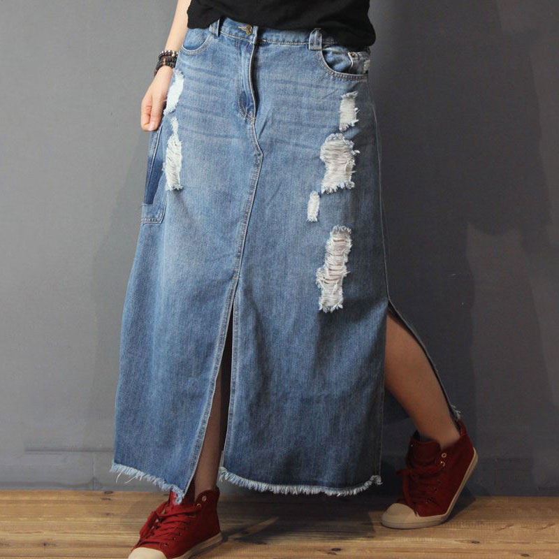 Raw Hem Big Slits Ripped Jeans Skirt Womans Fashion Maxi Skirt in Blue ...