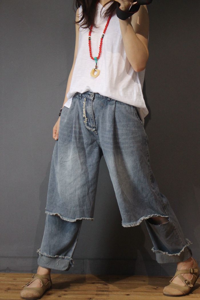 Korean Style Raw Hem Ripped Jeans Fashion Baggy Jeans in Denim Blue M L ...