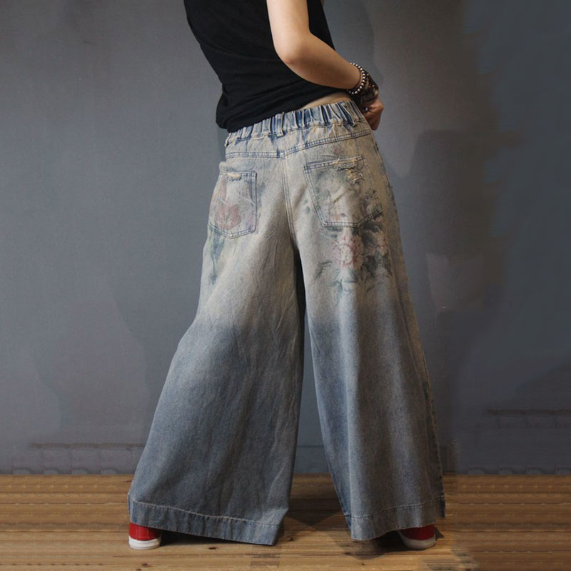 Vintage Printed Distressed Jeans Fashion Wide Leg Jeans in Light Blue ...