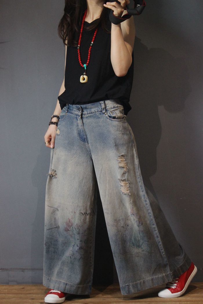 Vintage Printed Distressed Jeans Fashion Wide Leg Jeans in Light Blue ...