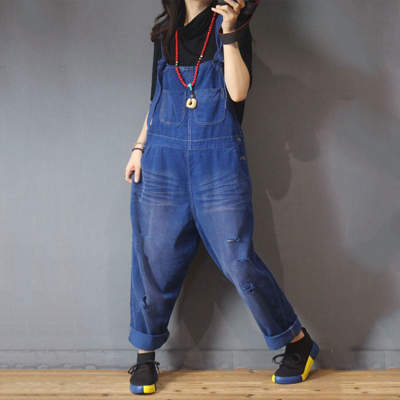 Front Pockets Ripped Corduroy Jumpsuits Womans Korean Dungarees in Blue ...