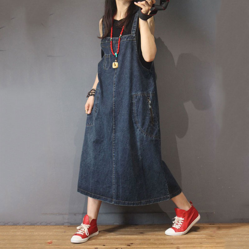 Simple Design A-Line Jumper Dress Vintage Baggy Denim Dress in Dark ...