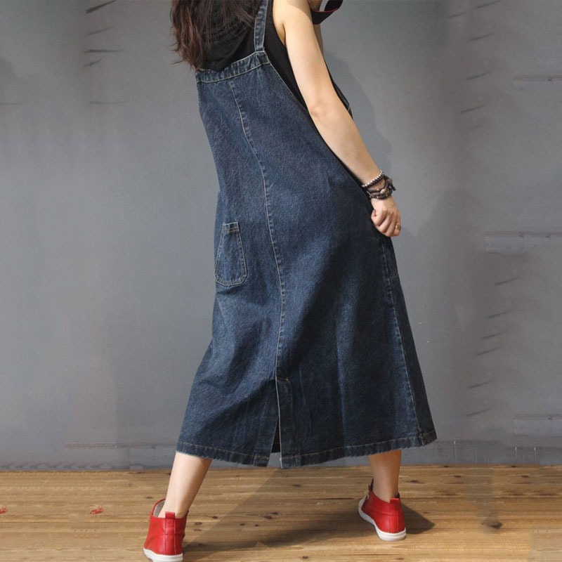 Simple Design A-Line Jumper Dress Vintage Baggy Denim Dress in Dark ...