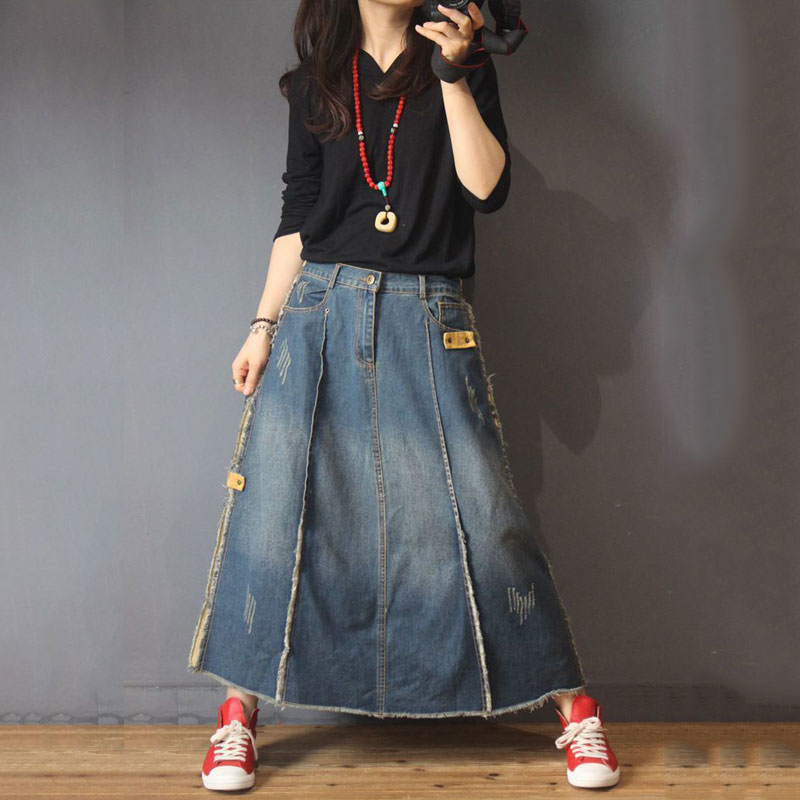 Unique Design Distressed Denim Skirt Vintage Jeans Maxi Skirt in Denim ...