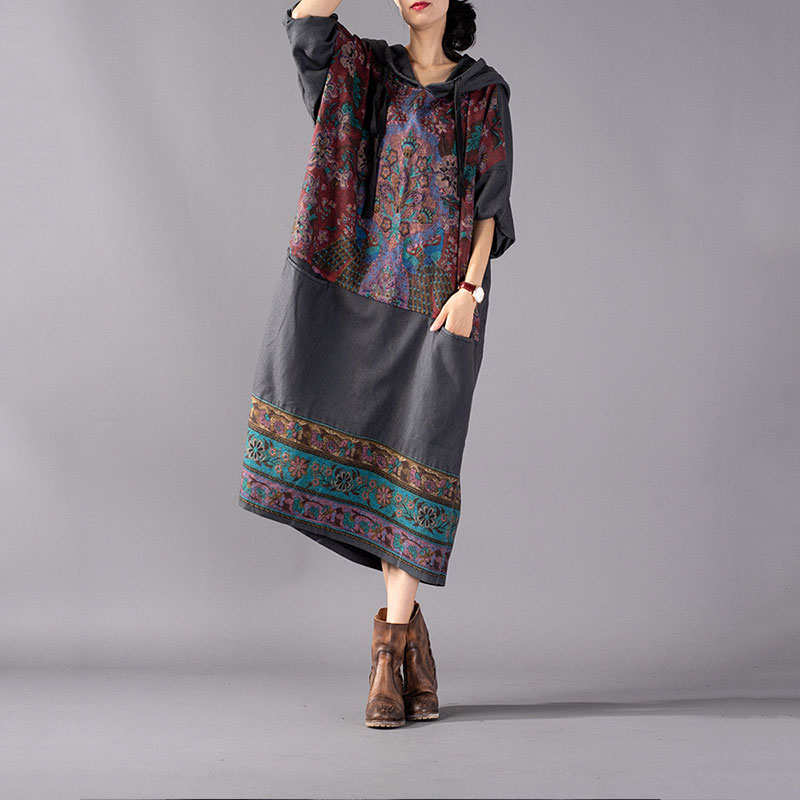 Folk Style Printed Hoodie Dress Plus Size Cotton Long Hoodie in Gray ...