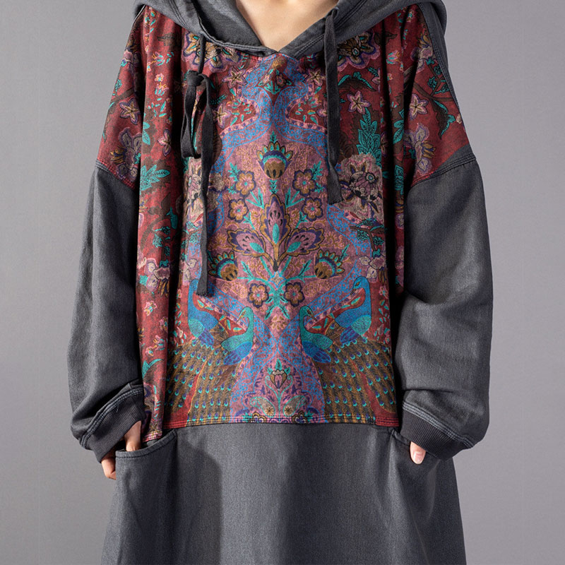 Folk Style Printed Hoodie Dress Plus Size Cotton Long Hoodie in Gray ...