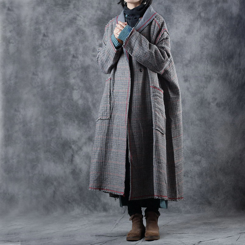 Small Plaids Plus Size Winter Coat Vintage Wool Coat For Woman In Gray