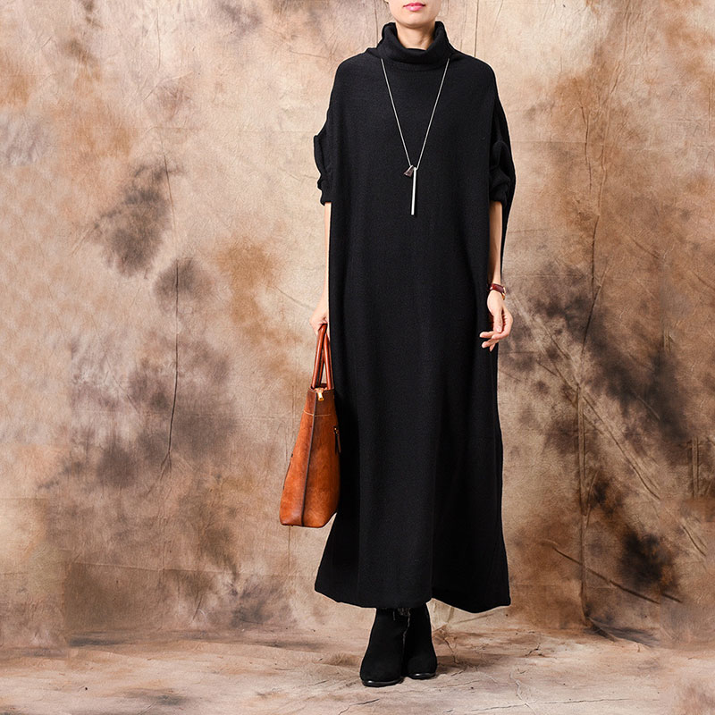 Plus Size Turtleneck Sweater Dress Black Long Knitting Dress in Black M ...