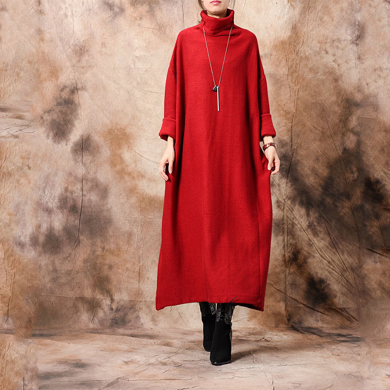 Long Sleeve Knitted Sweater Dress Plus Size Maxi Red Dress in Red M L ...