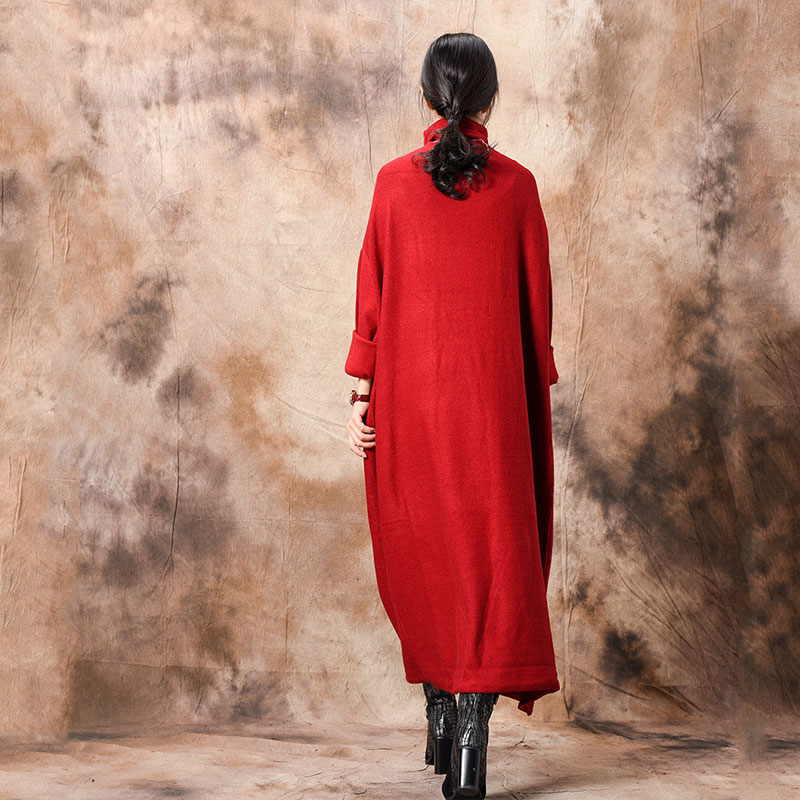 Long Sleeve Knitted Sweater Dress Plus Size Maxi Red Dress in Red M L ...