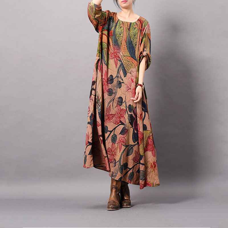 Peony Prints Vintage Silky Dress Loose Maxi Dress in As The Photo One ...