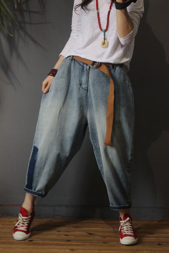 Blue Contrast Baggy Jeans Korean Low Rise Jeans in Light Blue M L ...