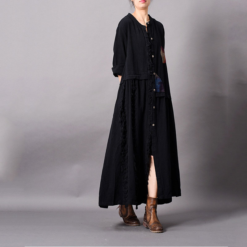 Patchwork Ornament Loose Black Kimono Long Fringed Cardigan in Black ...