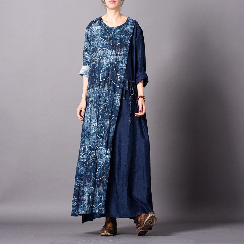 Lotus Prints Cotton Linen Designer Dress Loose Blue Wrap Dress for ...