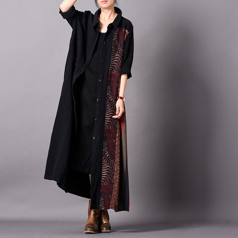 Folk-Styled Patchwork Black Cardigan Cotton Linen Oversized Shirt Dress ...