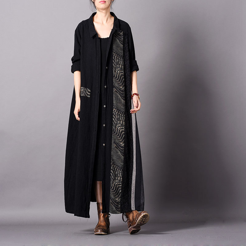 Folk-Styled Patchwork Black Cardigan Cotton Linen Oversized Shirt Dress ...