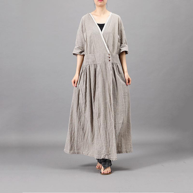 V-Neck Empire Waist Maxi Dress Cotton Linen Belted Spring Dress in Gray ...