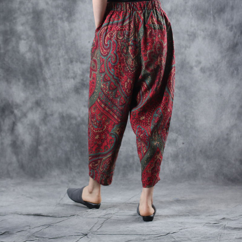 Folk Style Printed Trousers Senior Womans Paisley Pants in Dark Red One ...