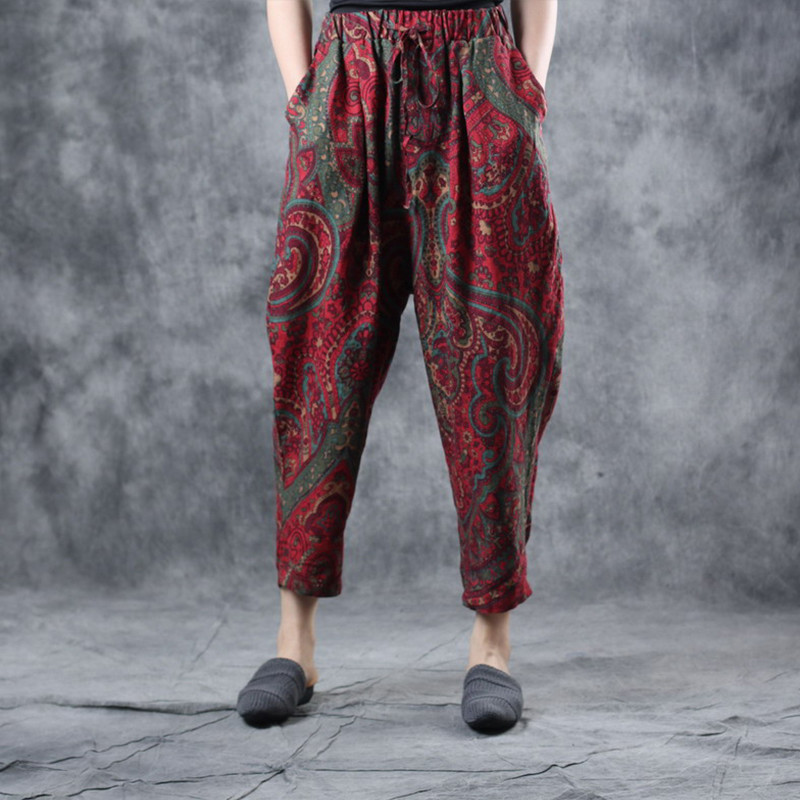 Folk Style Printed Trousers Senior Womans Paisley Pants in Dark Red One ...