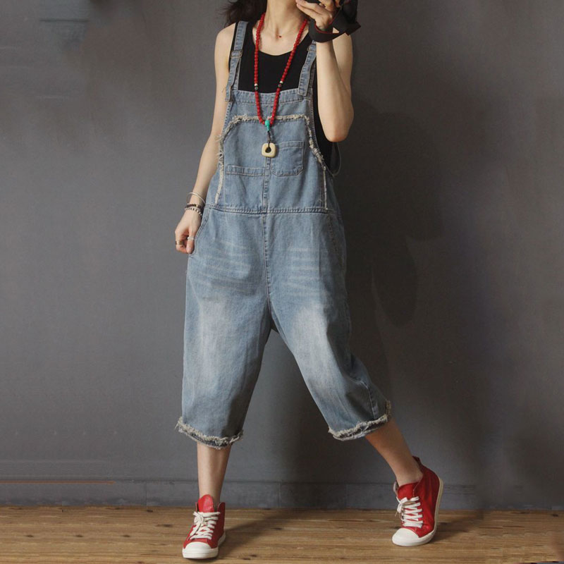 Adorable Fringed Edges Jeans Overalls Cotton Baggy Dungarees in Blue ...