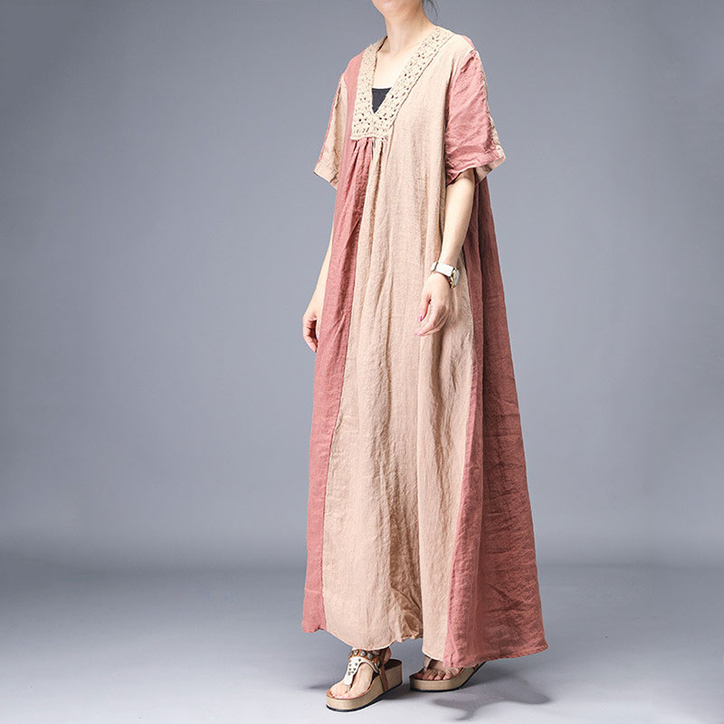 Short Sleeve Summer Crochet Dress V-Neck Loose Linen Maxi Dress in Pink ...