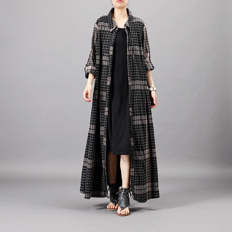 Black Small Checkered Shirt Dress Loose Linen Outerwear in Black One ...