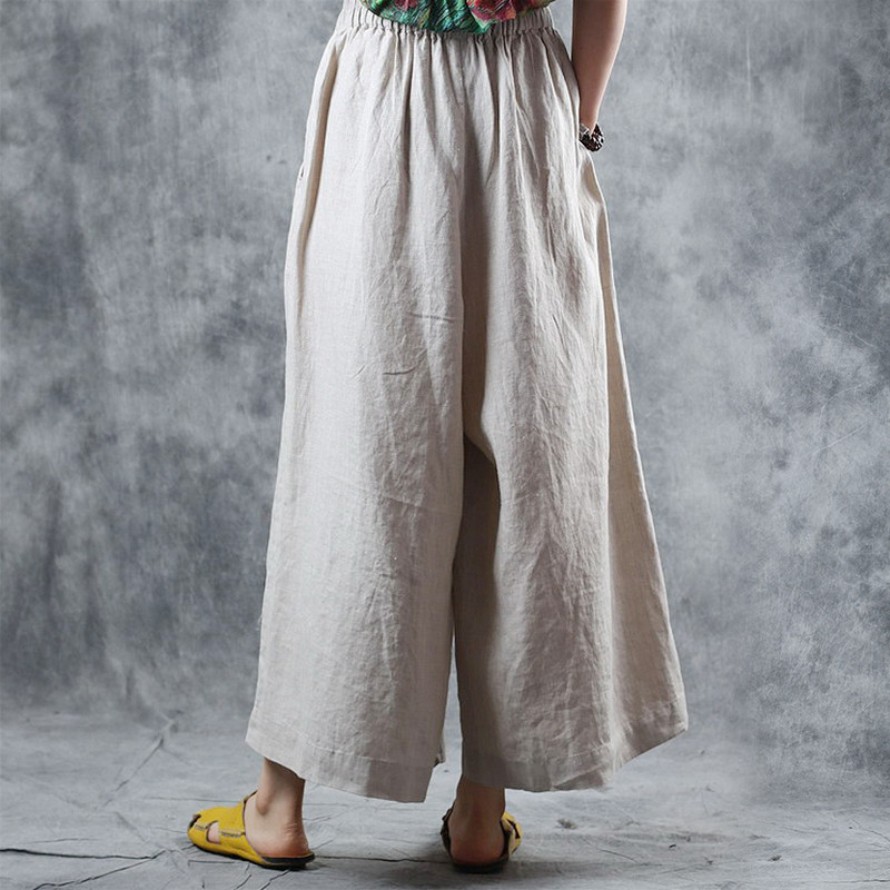 Leisure Style Wide Leg Pants Embroidered Pockets Linen Trousers for ...