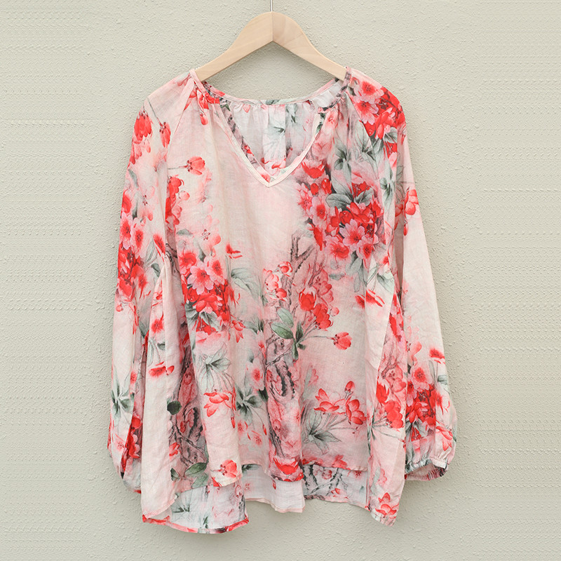 Plum Blossom Printed Fall Blouse Large Ramie Blouse for Woman in Red ...