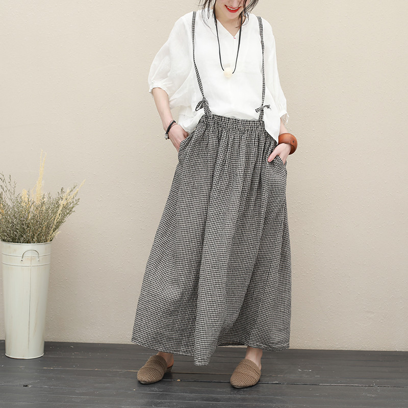 Spaghetti Straps Overalls Skirt Linen Checked Maxi Skirt Overalls in ...