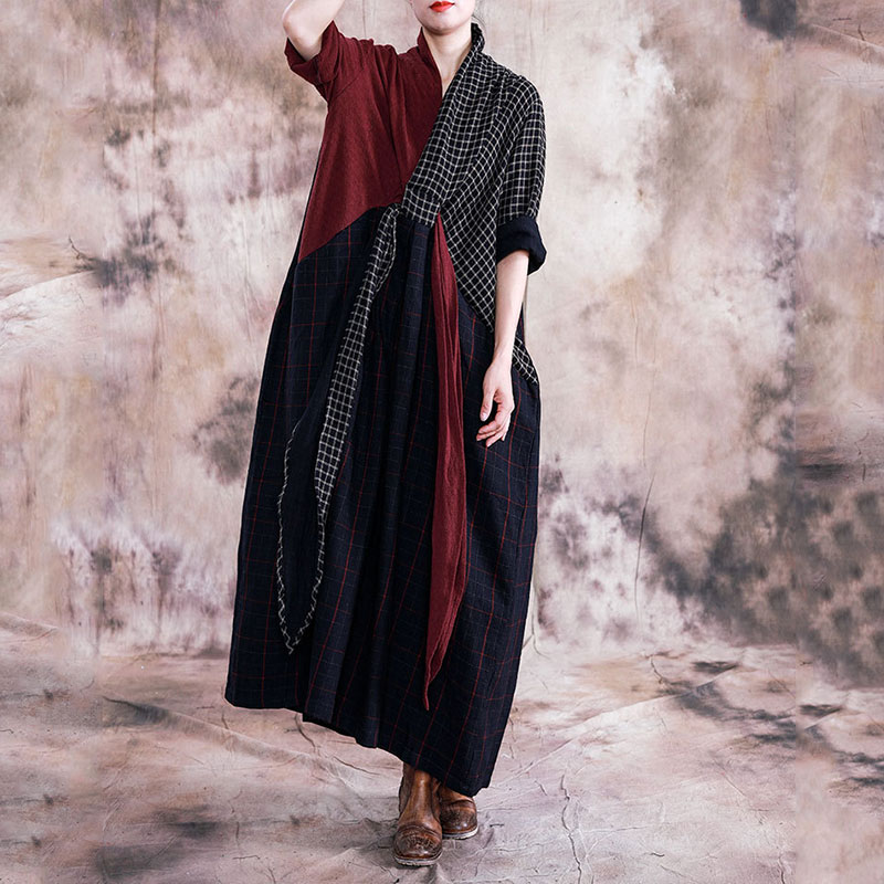 Red Contrast Plaid Maxi Dress Cotton Linen Wrap Kimono Dress in Dark ...