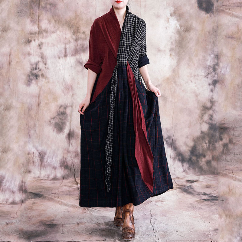 Red Contrast Plaid Maxi Dress Cotton Linen Wrap Kimono Dress in Dark ...