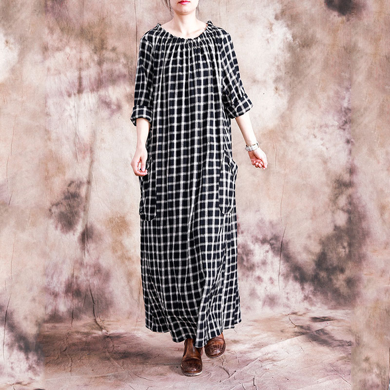 Front Pockets Long Sleeve Checkered Dress Cotton Linen Black Fall Dress ...