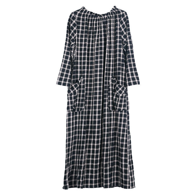 Front Pockets Long Sleeve Checkered Dress Cotton Linen Black Fall Dress ...