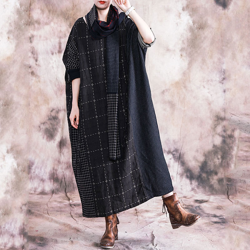 Black Checks Plus Size Caftan Long Sleeve Linen Frock for Woman in ...