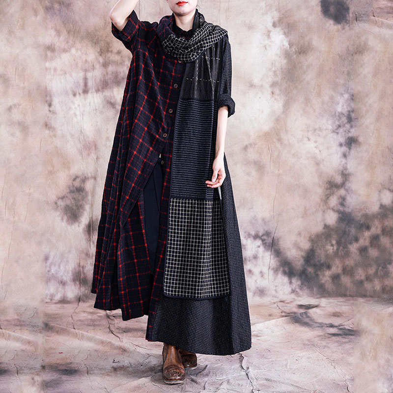 Patch Pocket Red Plaids Overcoat Loose Flax Clothing for Woman in Black ...