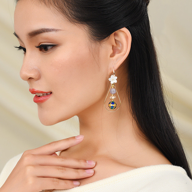 Flowers Elegant Designer Earrings Chinese Ethnic Earrings in Royal Blue ...