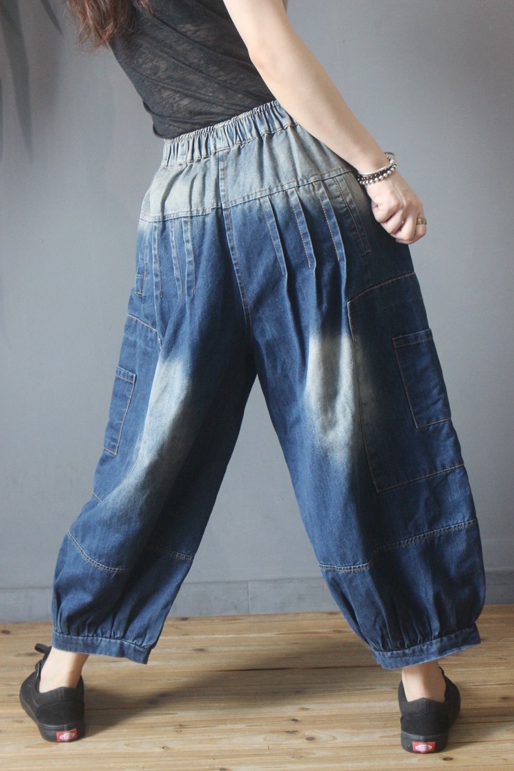 Color Fading Baggy Balloon Pants Plus Size Denim Bloomers in Black Dark ...